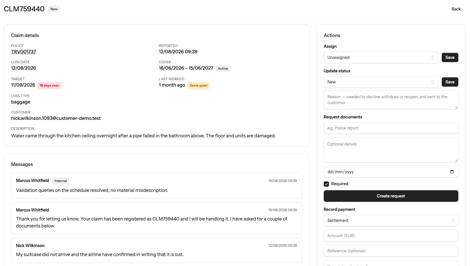 Claim record connected to the covering policy