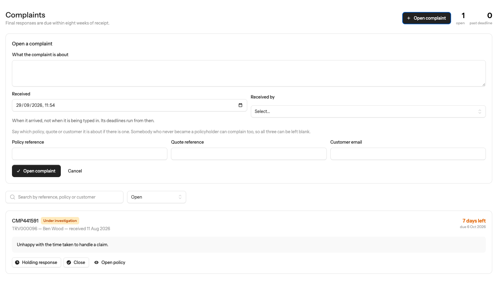 Create complaint form with statutory clocks and policy linking