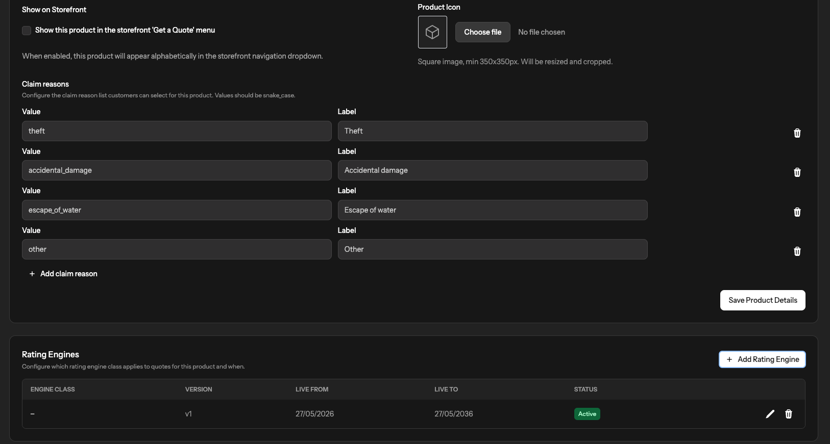 Product customisation interface with claim reasons and rating engine setup