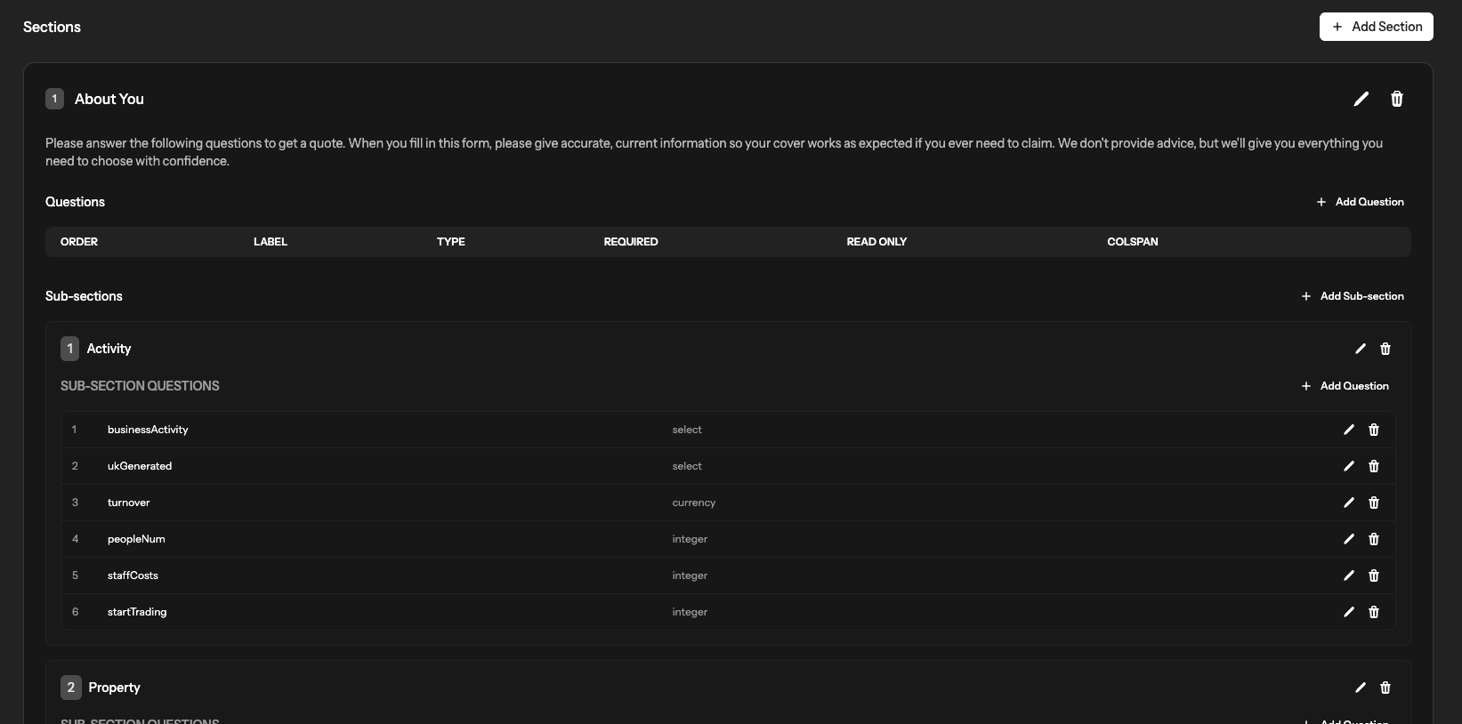 Question set builder with sections and sub-sections