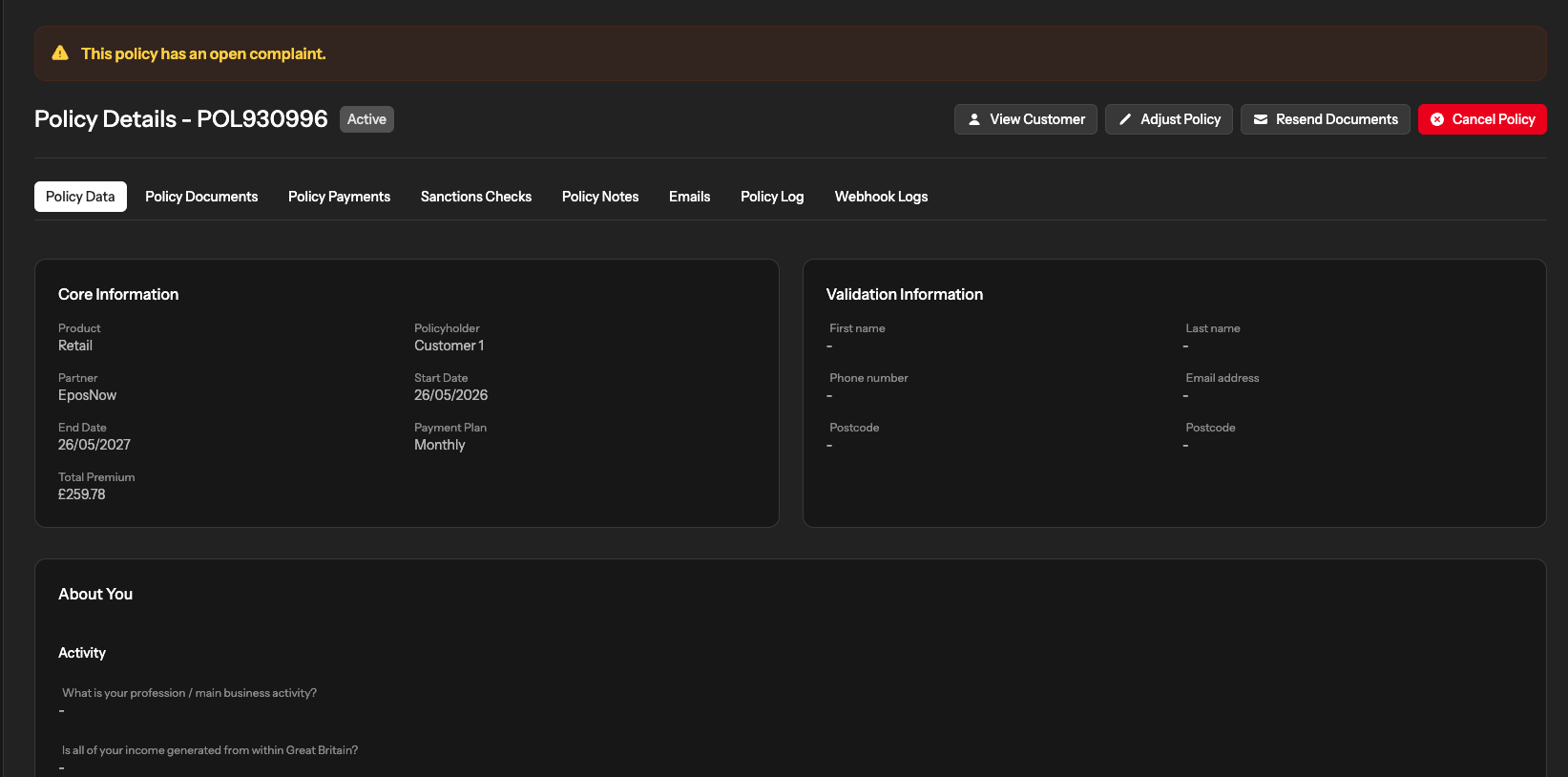 Policy detail view with customer and validation information