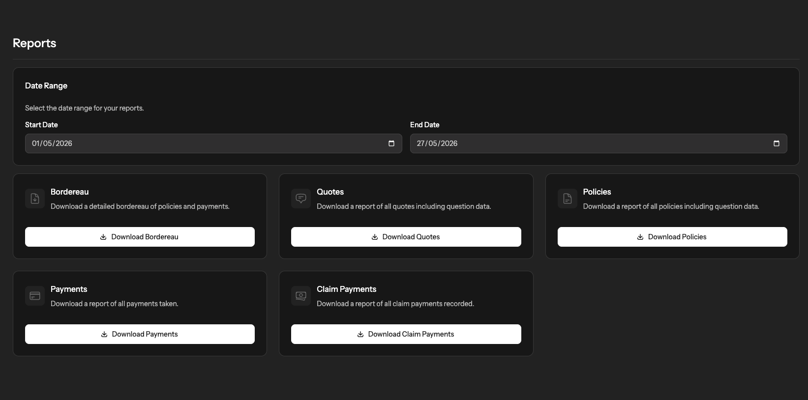Reporting page with date filters and downloadable report cards