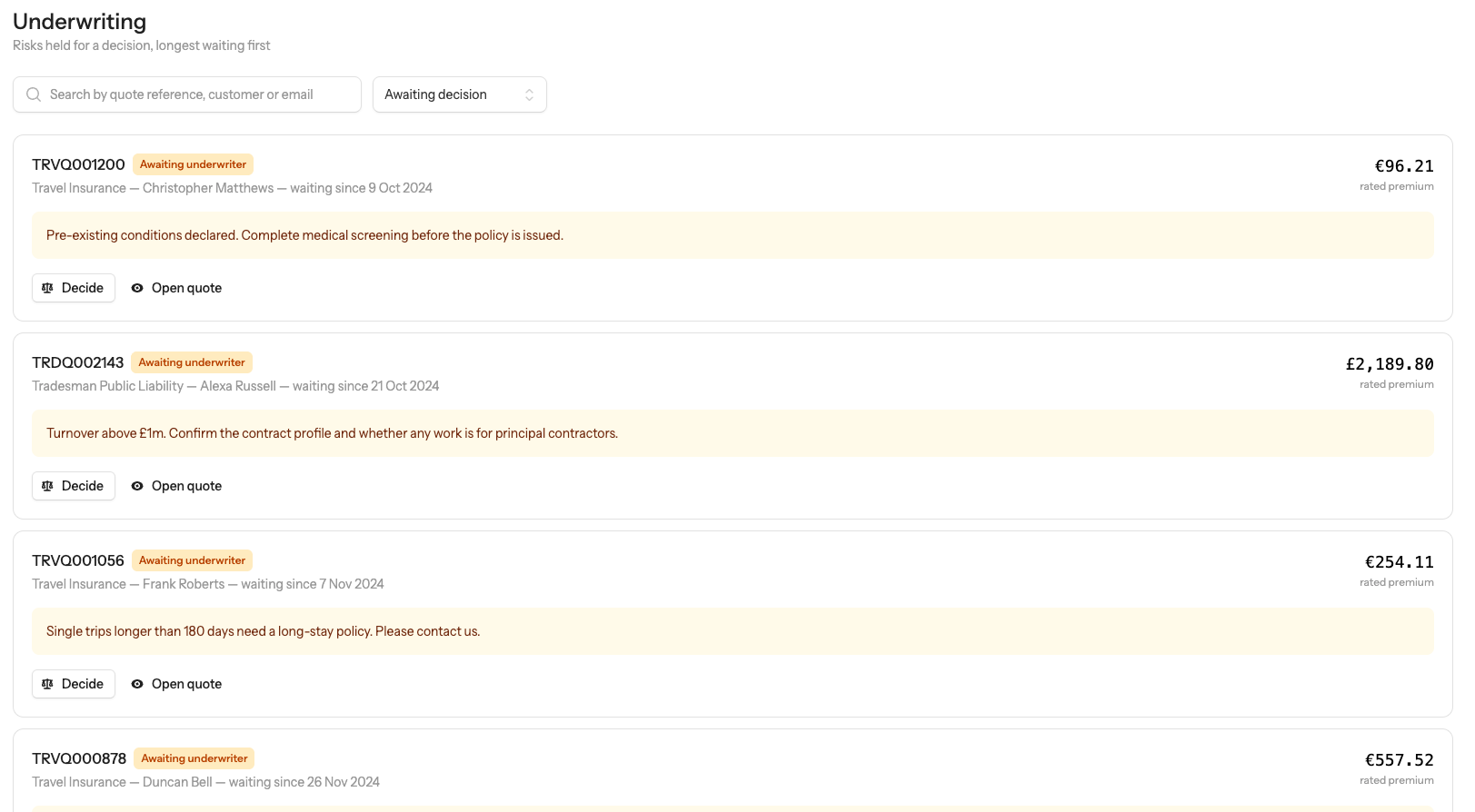 Underwriting referral queue with referred risks ready for review